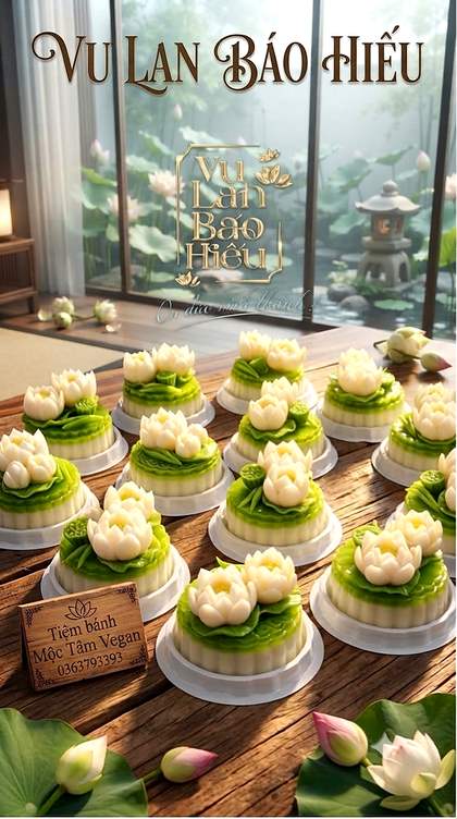 Dãy bánh rau câu hoa sen trắng dâng lễ Vu Lan Báo Hiếu