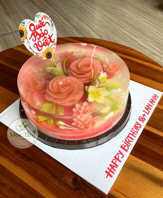 Bánh rau câu 4D hoa hồng nở bên trong lớp thạch trong suốt