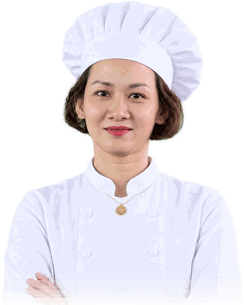 Chị Mộc Tâm mặc áo bếp trắng, chủ tiệm bánh rau câu nghệ thuật