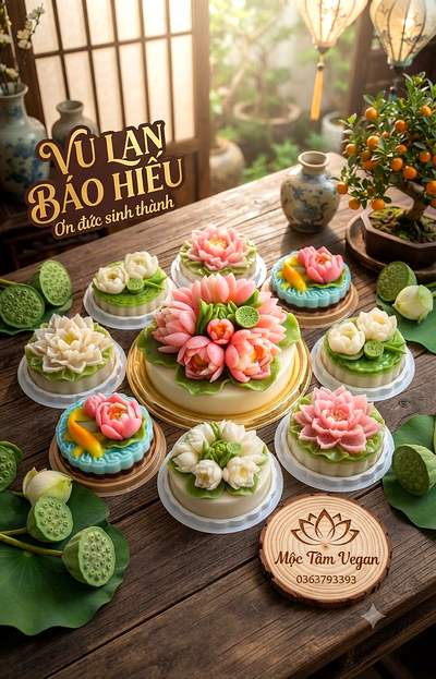 Mâm bánh sen hồng bày cùng sen tươi trên bàn gỗ